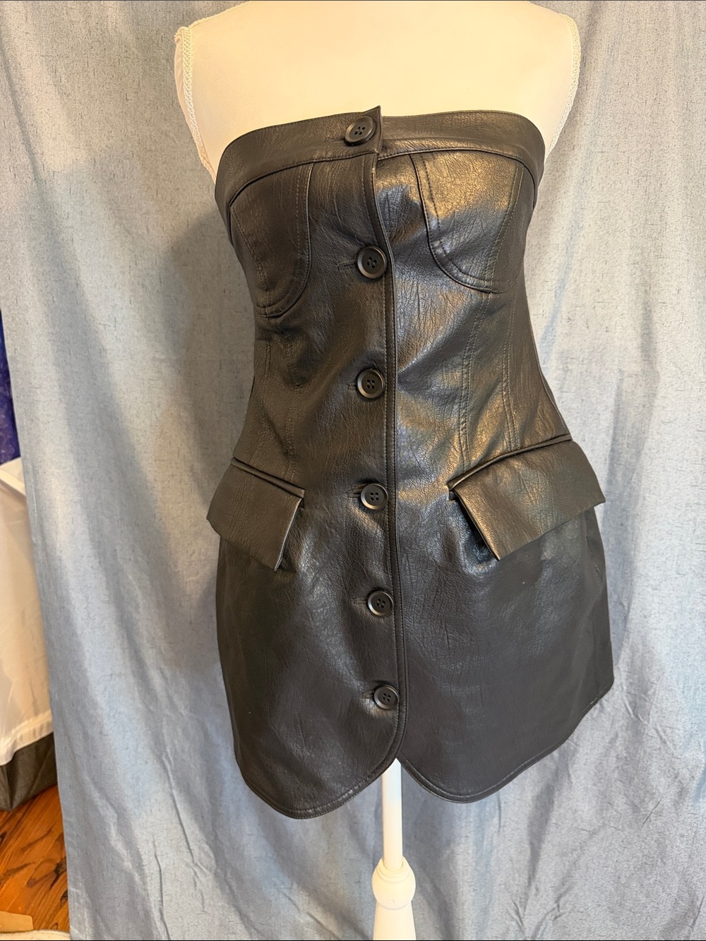 Strapless Black Faux Leather Mini Dress